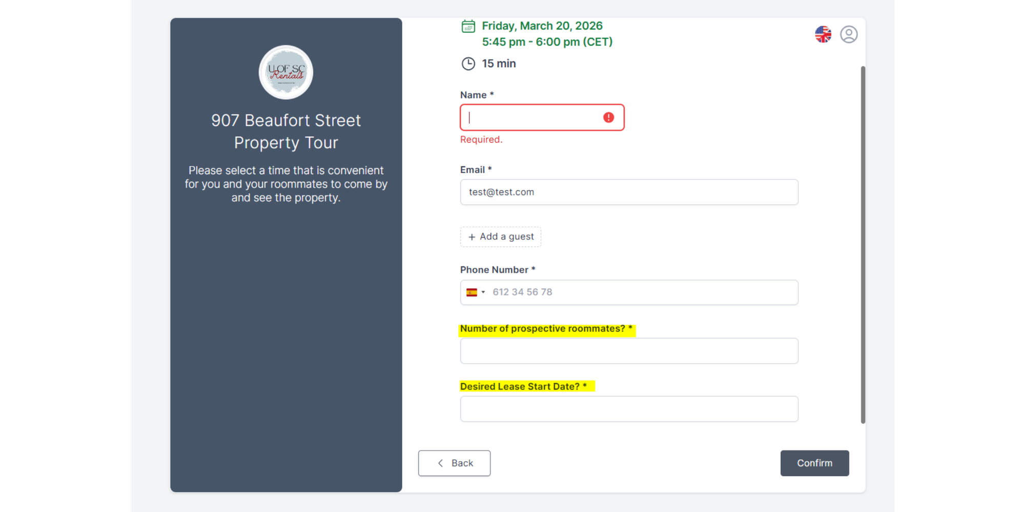 formulario de reservas de Koalendar para uofSCRentals con preguntas específicas